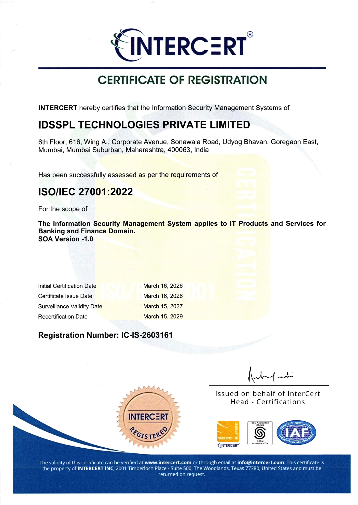IDSSPL Technologies Private Limited ISO IEC 27001:2022 certificate of registration
